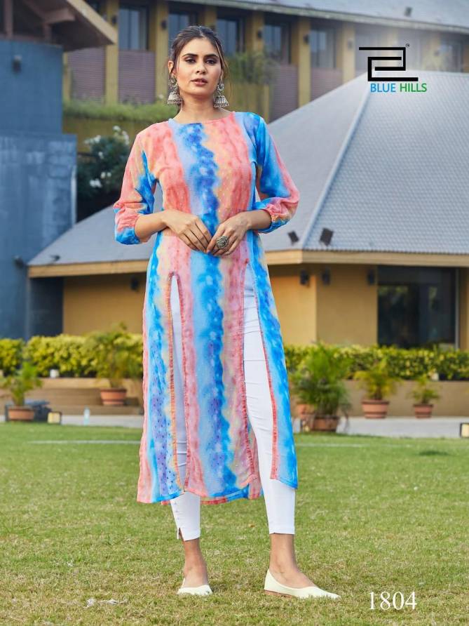 Blue Hills Slit Printed Regular Wear Georgette Designer Kurti Collection